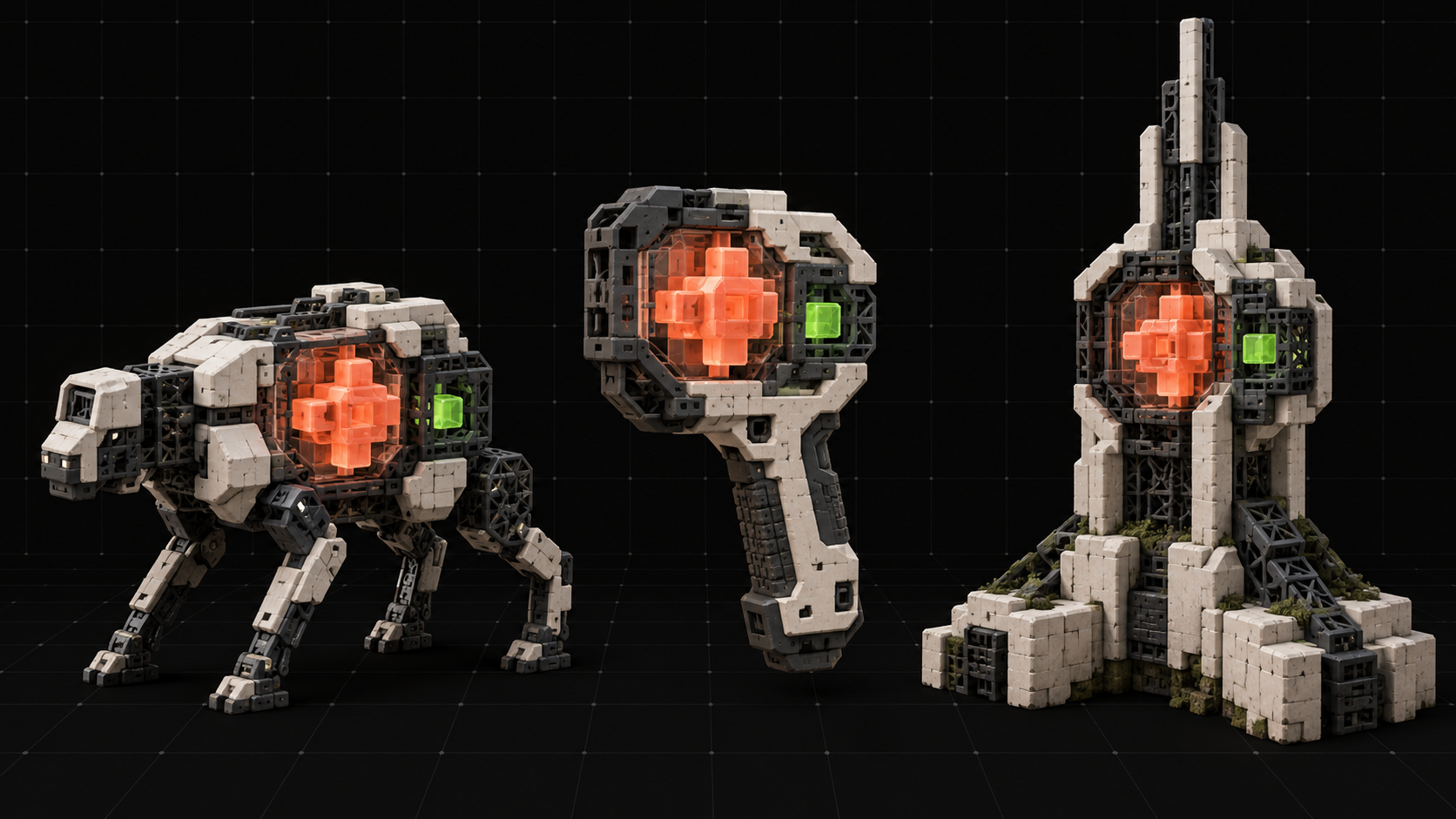 The same functional core embodied by three different modular entities